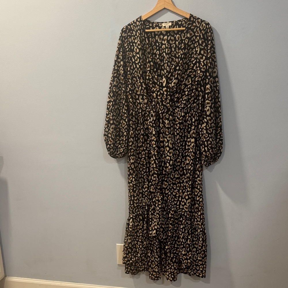 Umgee Black and Tan Animal Print Long Sleeve Dress Tie Front Size Medium